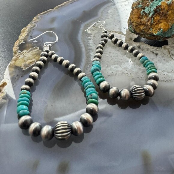 Sterling 4-6.5mm Navajo Pearl Southwester Style&4mm Turquoise Bead Hoop Earrings - Picture 3 of 10